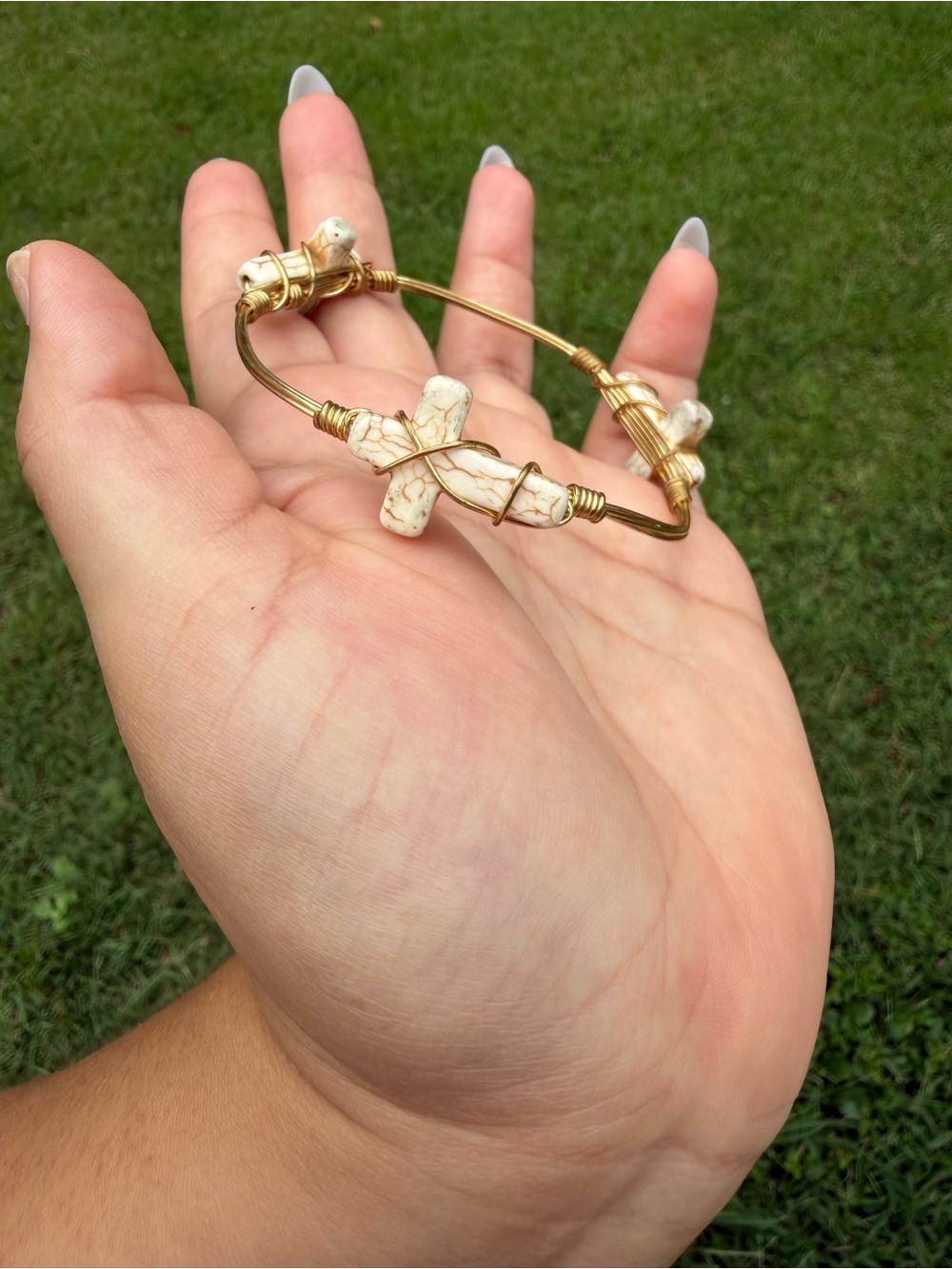 Gold Wire Bracelet with Cream Stone Cross Charms